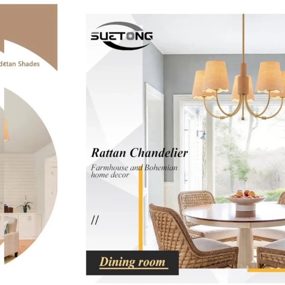 NIB Boho Rattan Chandelier Fabric Shade Antique Gold Brass 5-Lights Hemp Rope